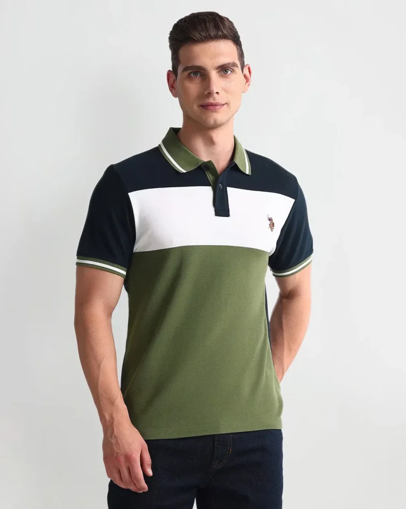 Men Colourblock Yarn-Dyed Extra Slim Fit Polo T-Shirt